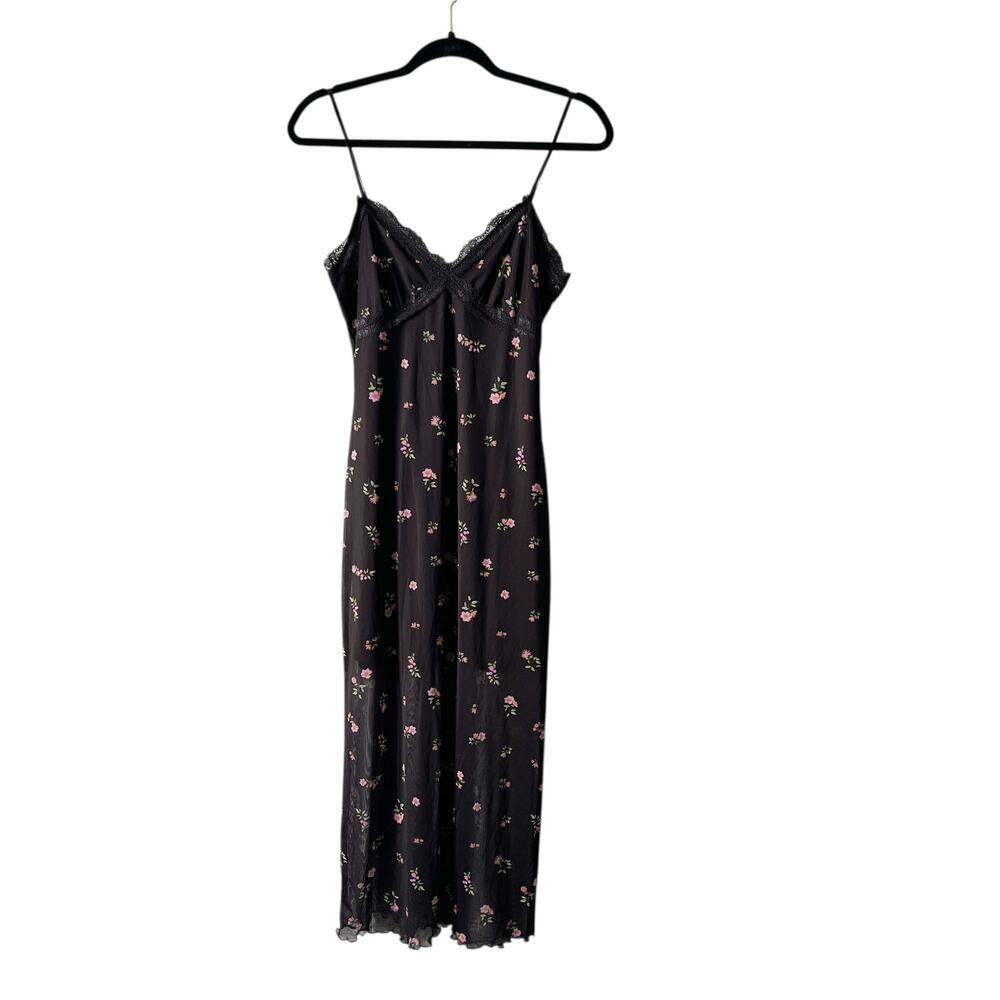 Stitch & Pine Babydoll Mesh Maxi Dress Womens M Lace Trim Dark Floral Fairy Chic